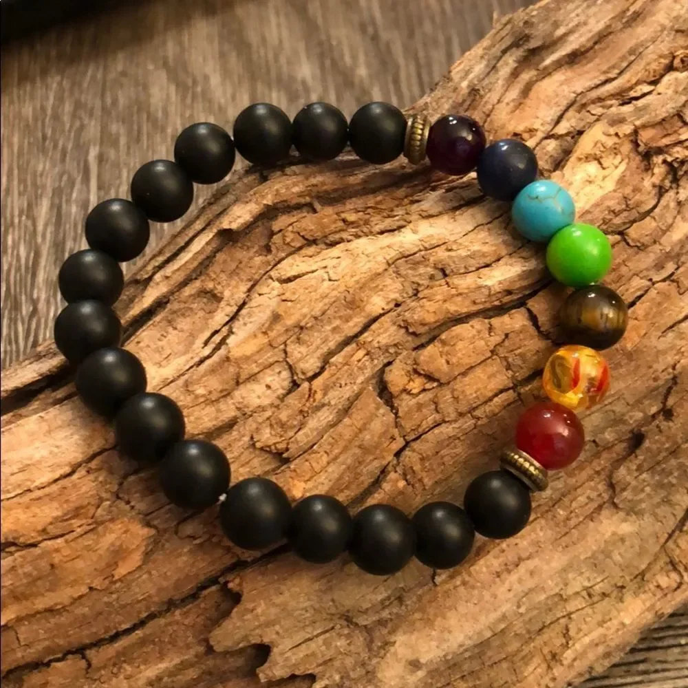 Chakra & Black Bead Rainbow Stretch Bracelet
